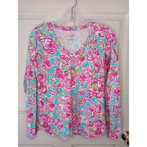 Icikuls Sun Protection Performance Top Small Pink Floral V-Neck Mesh Vents EUC